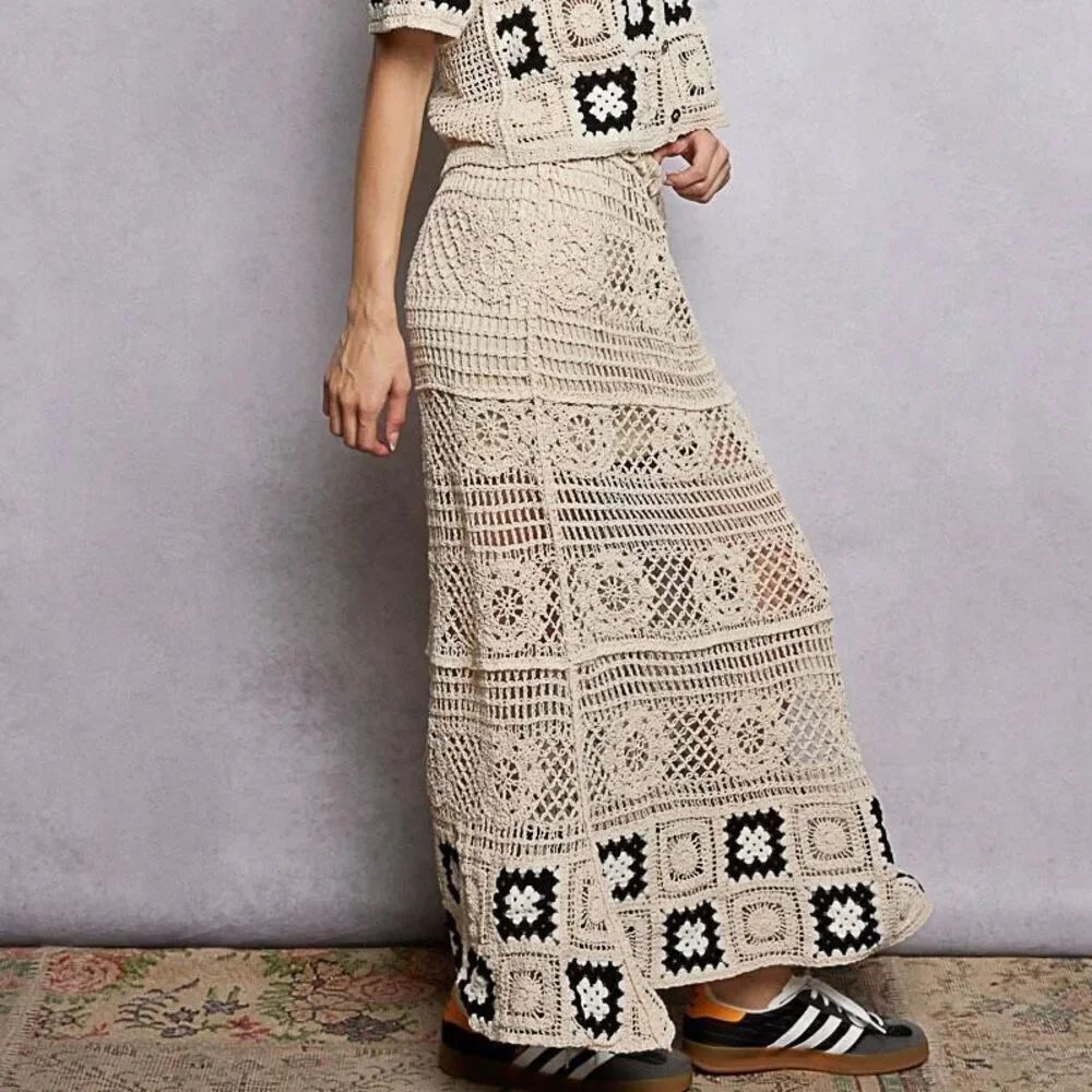 Boho Crochet Maxi Skirt Cream Black Granny Square Patchwork Long Knit Skirt OS